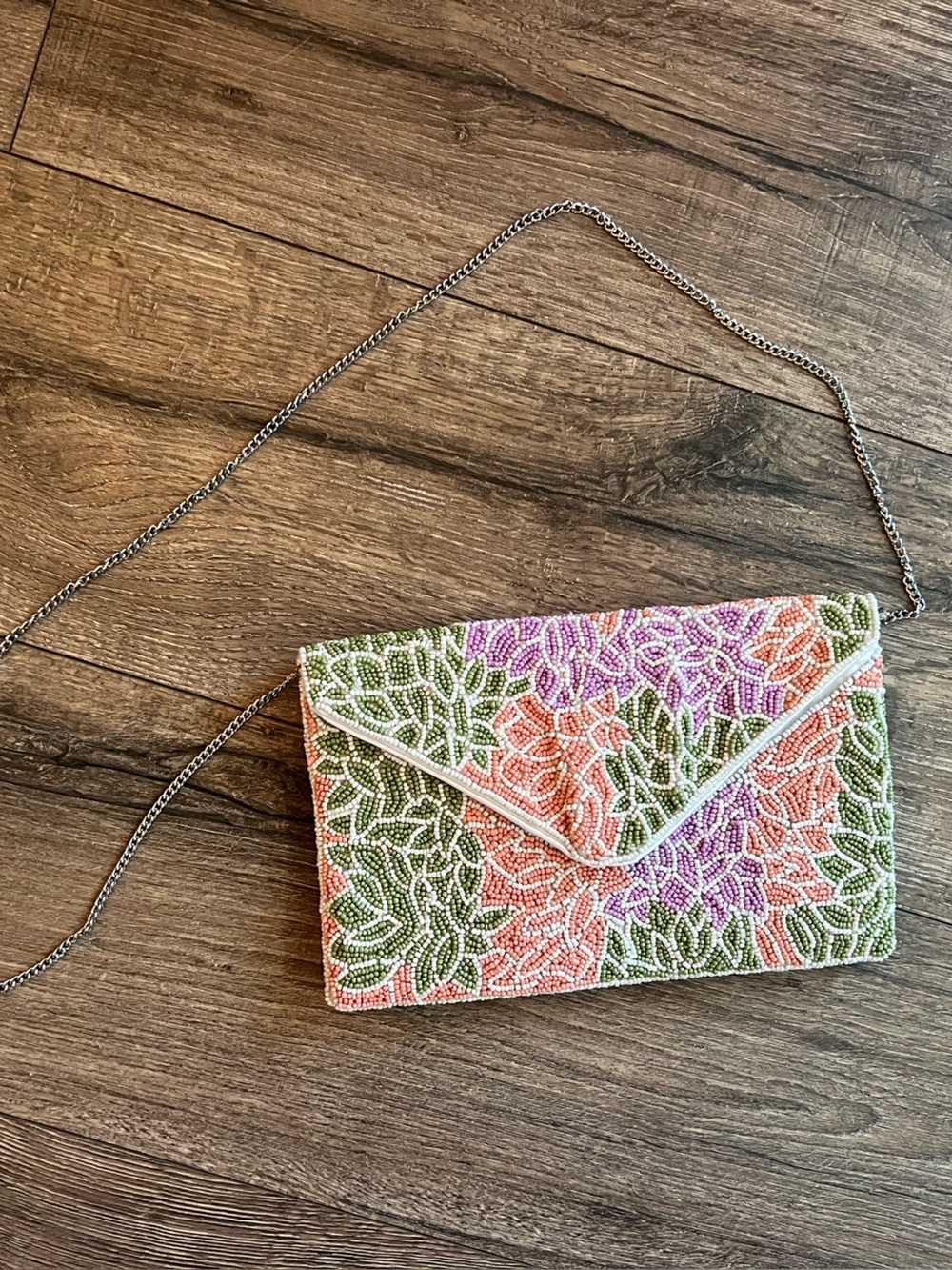 Lulu's Beaded Floral Envelope Clutch in Pink, Green & Purple